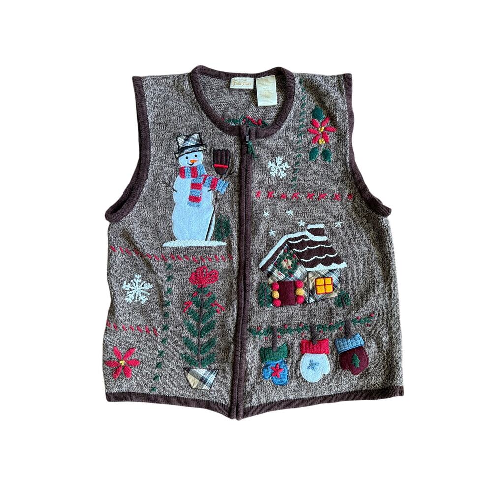 Vintage L Bobbie Brooks Christmas Cottagecore Sweater Vest Brown Zipper Snowman